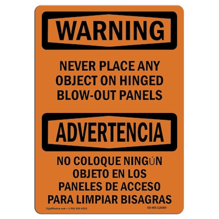 Signmission OSHA Sign, Never Place Any Object Panels Bilingual, 5in X 3.5in Decal, 3.5" W, 5" L, Landscape OS-WS-D-35-L-12689
